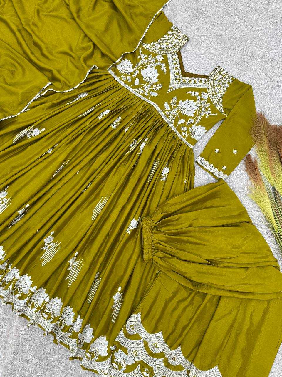 Chinon Silk  Ladies Sharara Embroidery  Salwar Suits